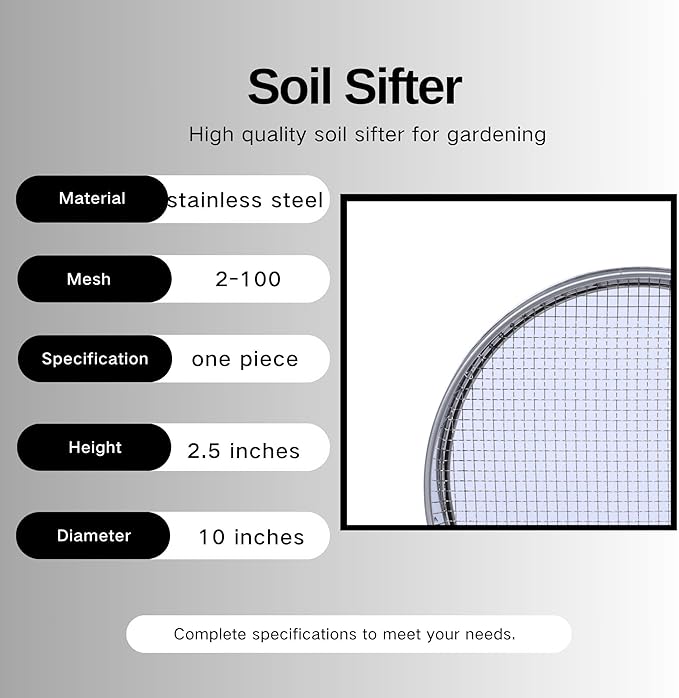 Soil Sifter for Garen -10 inches Soil Sieves for Rocks Compost-Stainless Steel Mesh Sifting Pan (1/100 inch mesh)