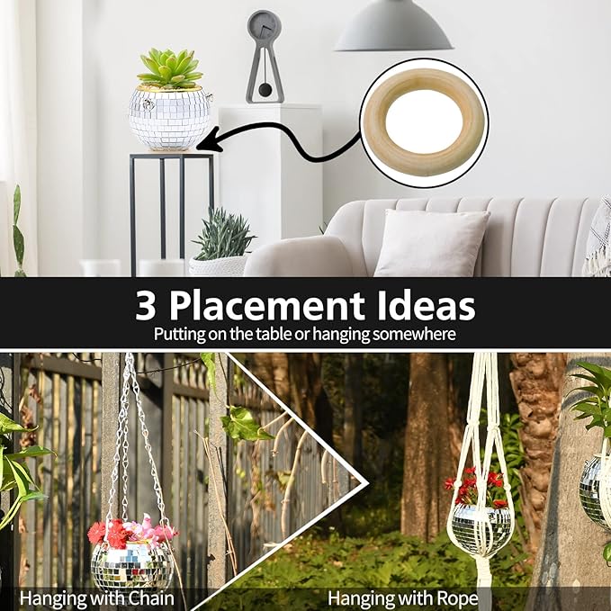 Disco Ball Planter, 2pcs 4" Silver Disco Ball Planter, Disco Ball Plant Hanger with Hanging Rope, Hanging Chain, Hook, Circle and Extra Mirror Pieces (4" Silver, 2pcs)
