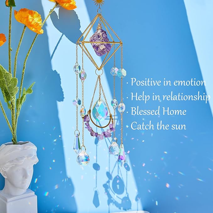 Amethyst Crystal Suncatcher - Hanging Gold Plated Garden Sun Catcher for Windows, Healing Amethyst Crystal Decor for Home, Gift for Christmas Birthday Valentine Mothers Day