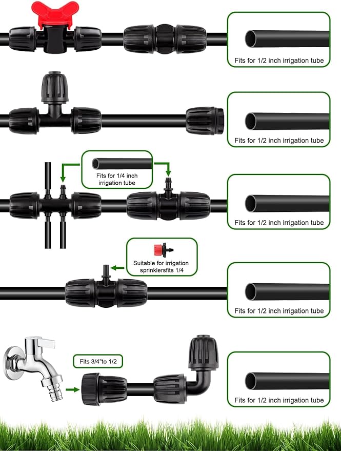 24 Pcs 1/2 inch Tubing Irrigation Fittings Kit, Kalolary Barbed Locked Connectors for Garden Lawn Drip Irrigation System(Switch Valves, T Connectors, Tees, Elbows, Ends, 1/2" to 1/4" tubing Reducers)