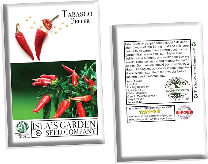 Tabasco Red Hot Chili Pepper Seeds for Planting, 50+ Heirloom Seeds Per Packet, (Isla's Garden Seeds), Non GMO Seeds, Botanical Name: Capsicum frutescens, Great Home Garden Gift