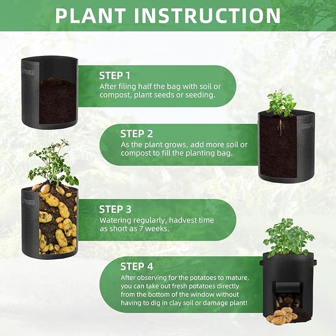 12 Pack 7 Gallon Potato Grow Bags, Heavy Duty Nonwoven Fabric Garden Planting Bag Plant Container with Flap and Handles, Aeration Fabric Pots for Growing Vegetable, Fruits and Flowers