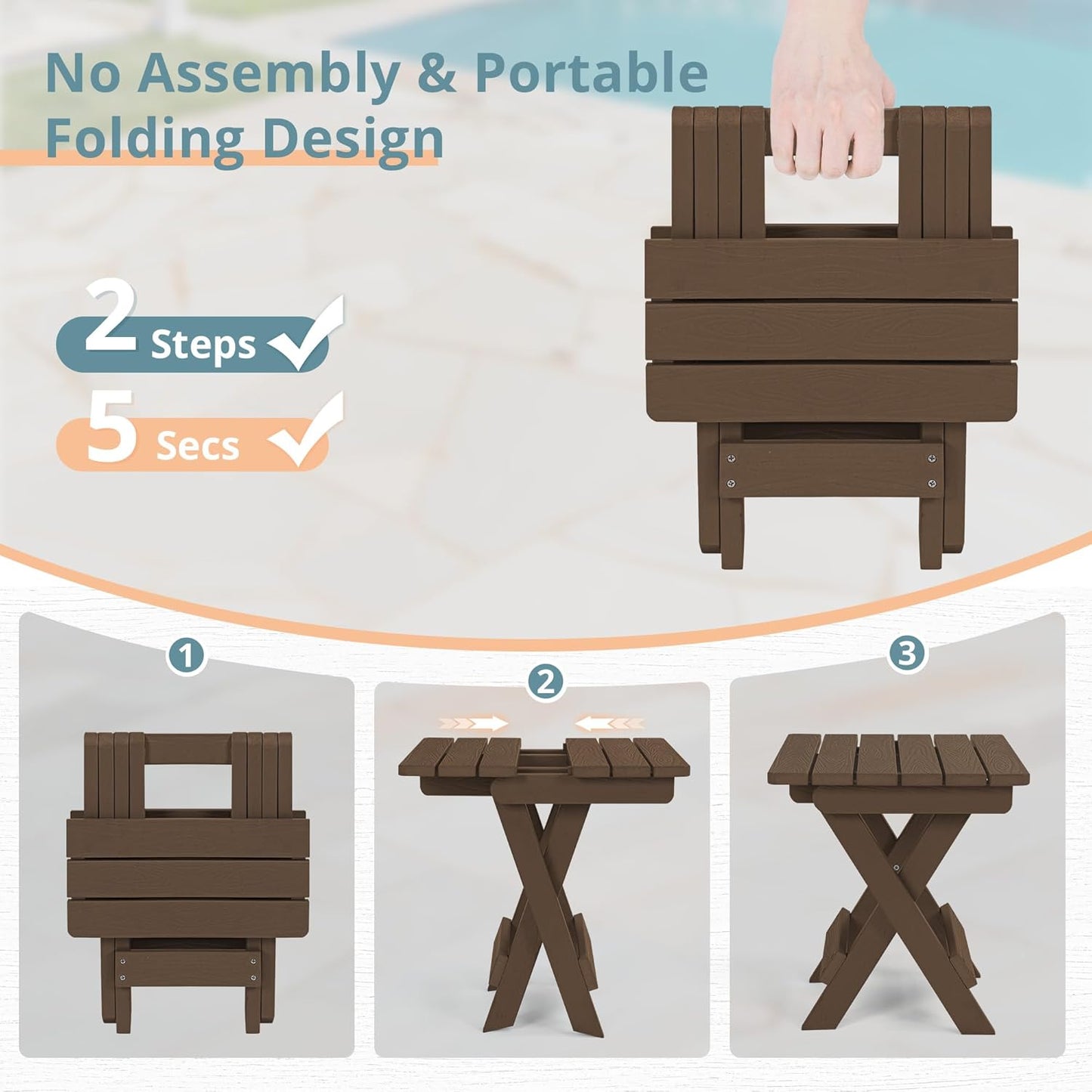 LUE BONA Small Outdoor Folding Side Table, HDPS Outside End Table for Patio, Porch, Deck, Pool, 14 Inch Height, Dark Brown