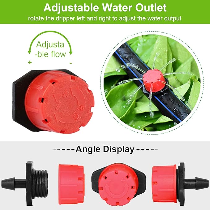 Kalolary 200Pcs Adjustable Irrigation Drippers, 1/4 Inch Barbed Drip Emitter 360 Degree Watering Sprinklers Anti-Clogging Drippers for 4mm/7mm Garden Watering System（Red）