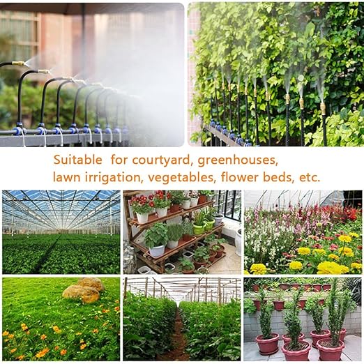Garden Watering System, Greenhouse Mist Drip Irrigation Kit, 66Ft Hanging Plant Watering System with 20 Three-Way Atomizing Nozzle and 1/2 inch Strong Irrigation Tubing Hose