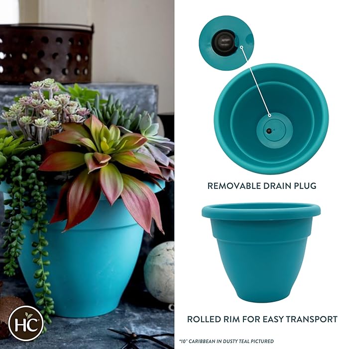 The HC Companies 6 Inch Caribbean Planter - Lightweight Indoor Outdoor Plastic Plant Pot for Herbs and Flowers, Dusty Teal