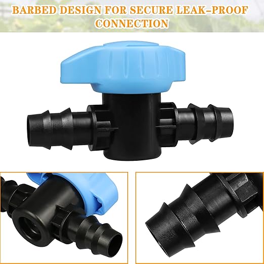 Drip Irrigation 1/2" Barbed Valve: 12 Pack in-Line Ball Shut Off Valve 16mm for 1/2 Inch and 5/8 Inch Irrigation Tubing (.570 to .620 ID) for Drip Line Tape System