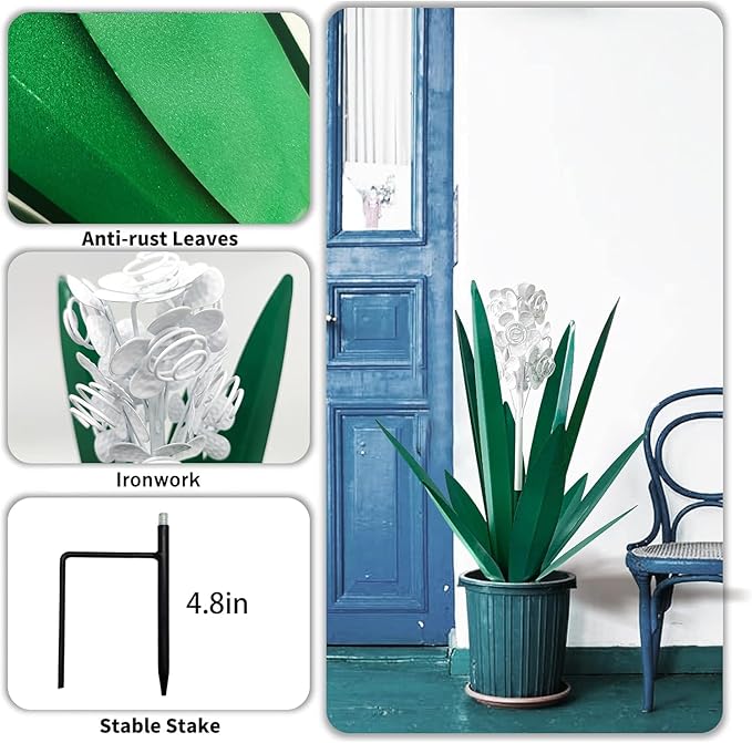 Metal Agave Plant Garden Art, 2 Pack Tequila Rustic Sculpture, Rustic Metal Agave Plants Garden Lawn Home Ornaments, for Yard Stakes, Garden Figurines, Outdoor Patio (2 PCS White Flowers)