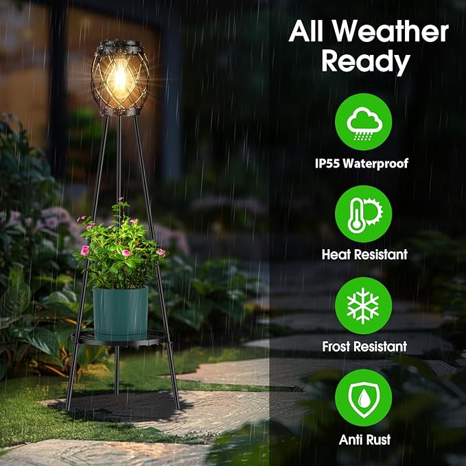 2 Pack Solar Lights Outdoor with LED Edison Bulbs, Vintage Style Solar Floor Lamp with Plant Stands, Weatherproof Garden Lights for Pathway, Patio, Yard, Porch Decor 8-10 Hours Lighting