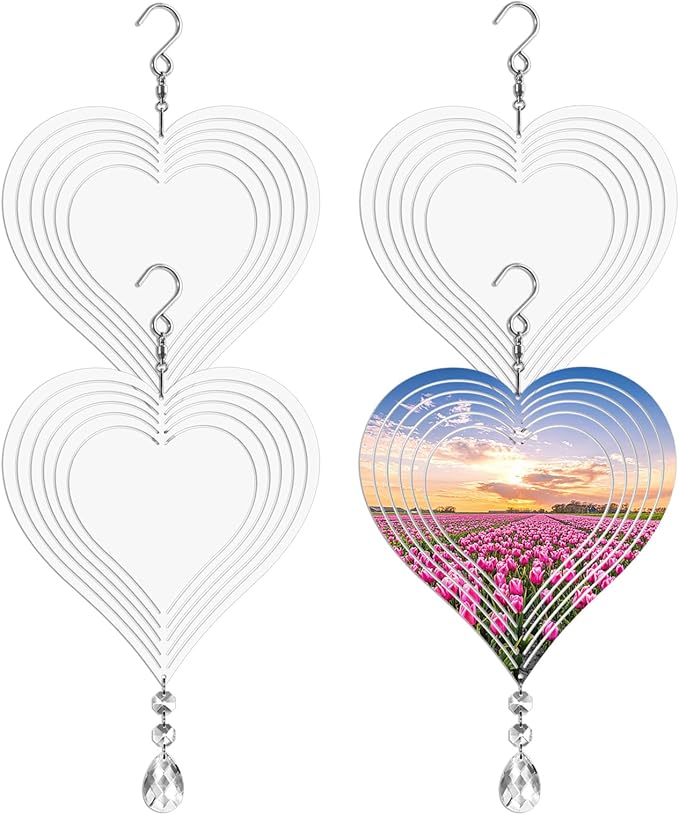 Sublimation Wind Spinner Blanks 8 Inch 4 Pack Wind Spinners Sublimation Blanks with Crystal Pendant Aluminum Metal Wind Spinners for Yard Garden Indoor Outdoor Window Porch Decoration（Heart