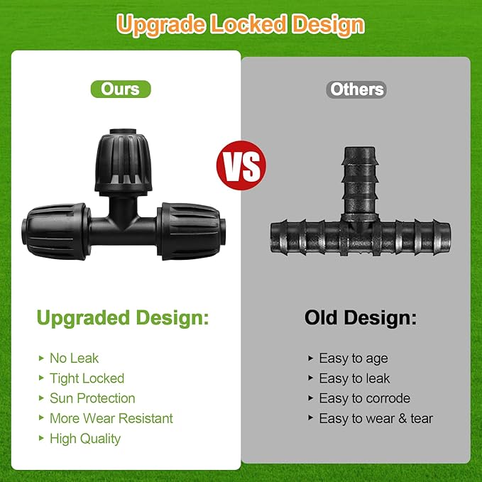 Drip Irrigation Fittings for 1/2 Inch Tubing (0.60"-0.63" OD), 10 Pieces Barbed Tee Drip Parts Locked Tee Connectors, 3 Way Drip Line Nuts Connectors for 1/2" Drip Irrigation Hose (13mm ID)