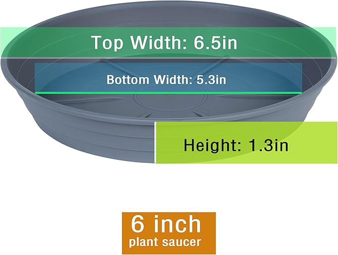 Plant Saucer 6 Inch 4 Pack 6 8 10 12 14 16 18 20 25, Plastic Plant Trays for Pots，Extra-Deep Plant Water Dray Tray, Bird Bath Bowl, Heavy Flower Plant saucers Indoors and Outdoor No Holes 6in-4 grey