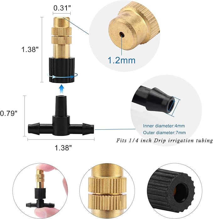 Mornajina 20Pcs Three-Way Atomizing Nozzle with Drip Irrigation Connector for 1/4 inch Drip Irrigation Tubing, Micro Spray Drip Irrigation Emitters, Adjustable Sprinkler Drip Irrigation Mister Kit
