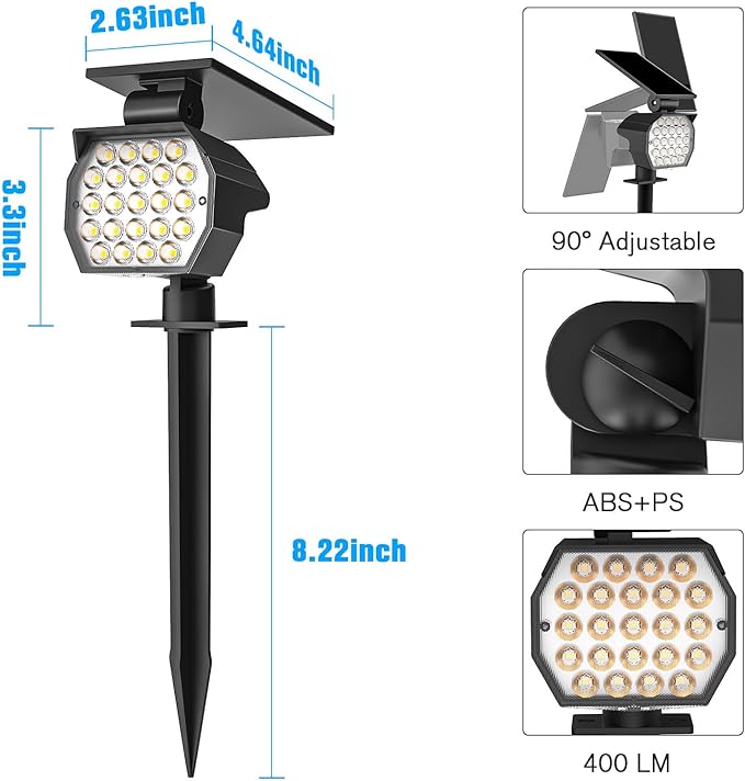 NIORSUN Solar Spot Lights Outdoor,23 LEDs Landscape Lighting with Auto On/Off and 3 Lighting Modes, IP67 Waterproof Spotlights,Outdoor Solar Lights for Yard Garden,2 Pack(Warm White)