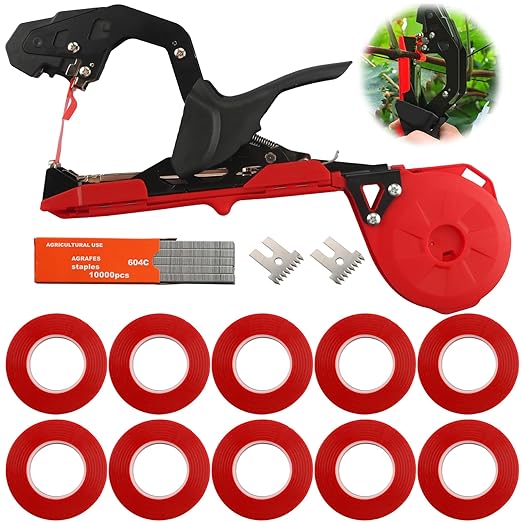 Plant Tying Machine,Handy Plant Binding Tape Tool, Quick Tying Grape Vines, Binding Tomato Vines, Lightweight Plant Tying Tools，More Durable Come with 10000pcs Staples 10 Rolls Tape