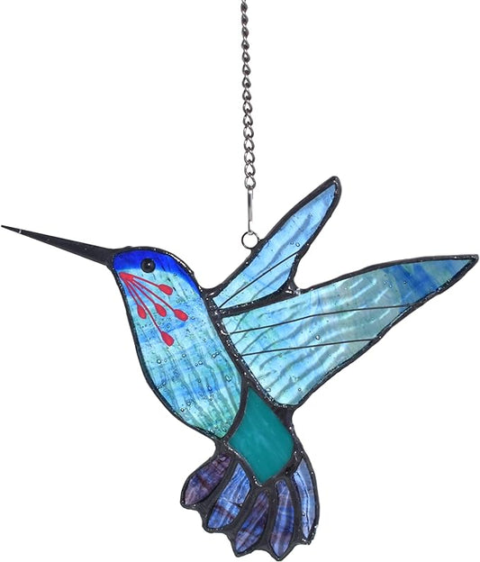 Lolitarcrafts Stained Glass Hummingbird Window Hangings with Flowers, Bird Stained Glass Suncatcher for Window Decor Hummingbird Gifts for Mom,Bird Lovers (Blue A)