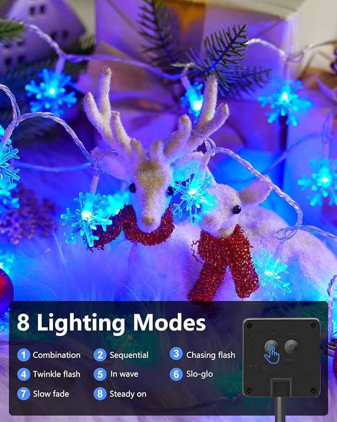 Solar Christmas Snowflake String Lights 2-Pack 100 LED 78FT Outdoor Waterproof Fairy Lights with 8 Lighting Modes for Wedding, Party, Tree, Room, Garden, Patio, Yard, Home(Blue)