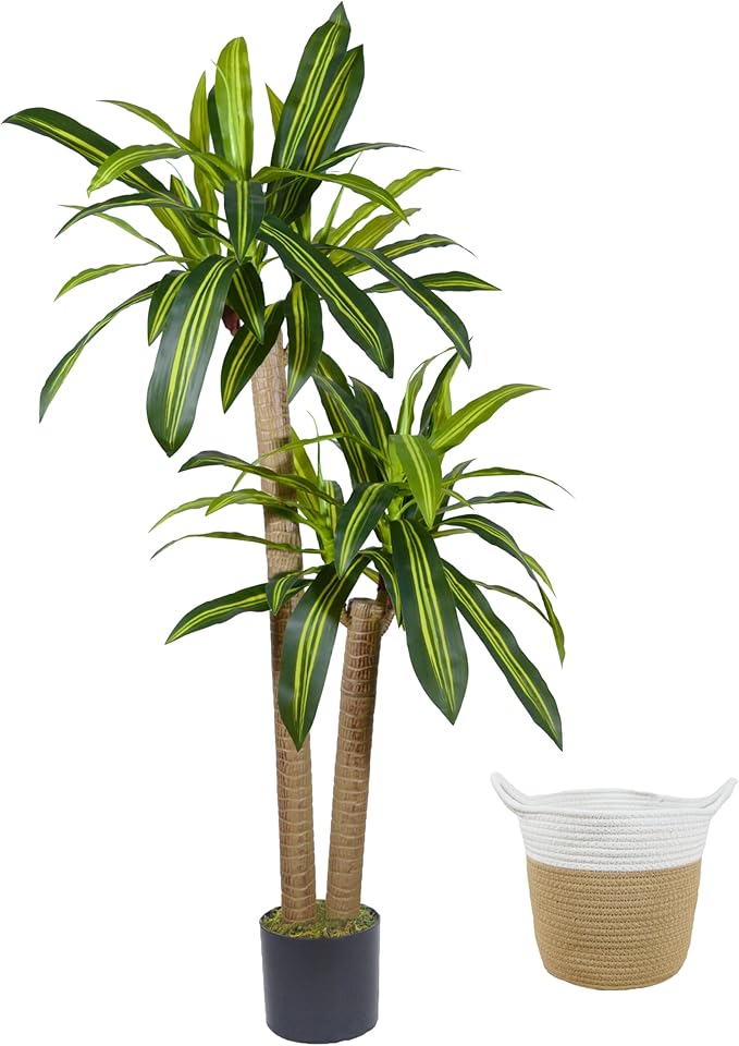 Artificial Dracaena Tree, 5ft Tall Fake Dracaena Plant with Basket, Indoor Outdoor Faux Topiary Yucca Trees for Office Home Living Room Porch Patio Décor