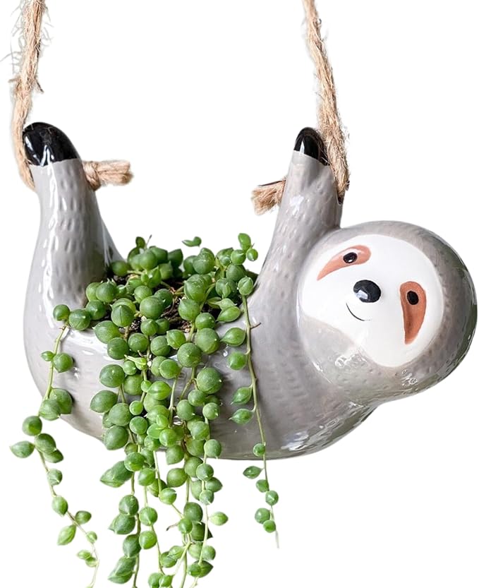 Sloth Hanging Planters for Indoor Outdoor Plants Cute Succulent Cactus Pots Ceramic Flower Pot Holder Gardening Gifts for Women Plant Lovers Gardeners Mom