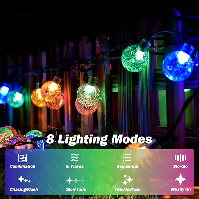 Solar Lights Outdoor Waterproof, 2 Pack Total 200LED 110FT Solar String Lights for Outside w/ 8 Modes, Outdoor String Lights Crystal Globe Patio Lights for Garden Yard Party Decor(Multicolor)