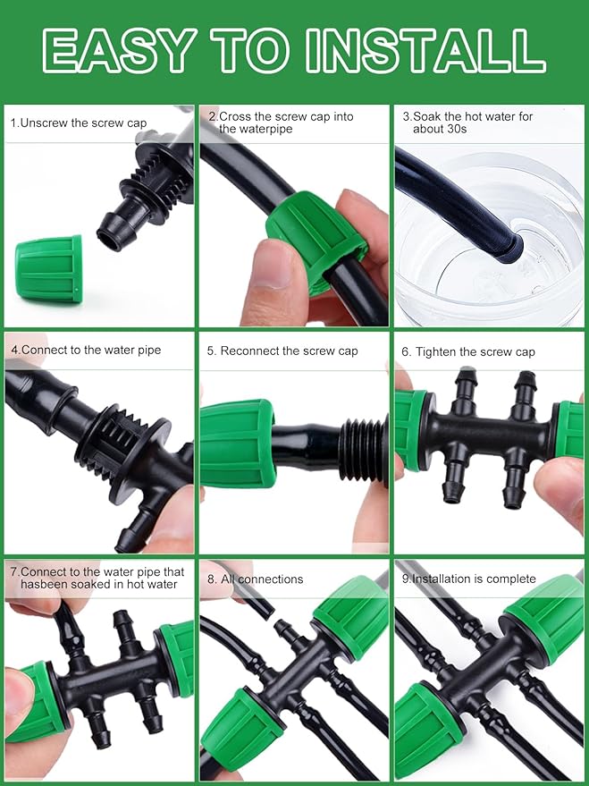 Kalolary 10PCS Barbed Tee 1/2 inch to 1/4 inch Irrigation Tube Anti-Drop Premiun Quality Fitting (fits 13mm ID/ 4mm ID), 16mm PE Pipe Lock Female Connector to 47 Pipe Variable Diameter Six-Way Adapter