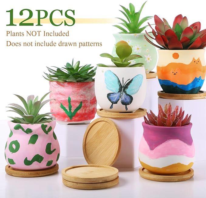 Remerry 12 Pcs 3.5 Inch DIY Ceramic Succulent Pots Figurines Paint Craft Kit Unpainted Ceramic Bisque Paintable Flowerpots with Drainage Hole Ready to Paint Valentine's Day Gifts