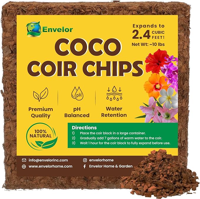 Coco Coir Chips Envelor 2.4 Cubic Feet Compressed Coconut Coir Bricks 10 lb. Natural Substrate for Indoor Outdoor Coco Chips for Plants Orchid Bark Coco Coir Brick Plant Soil Indoor Potting Mix