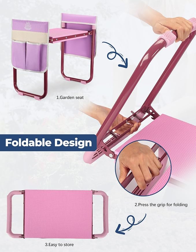 DEERFAMY Garden Stool 10.2" Width, Garden Kneeler and Seat Load Cap 350 lbs, Gardening Gift Heavy Duty with Extra Kneeling Pad, 2 Tool Pouches, Claw Gloves, Pink