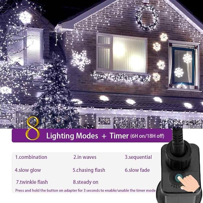 YASENN 300Led Icicle Style String Lights 29.5FT,Update Connectable 8 Lighting Modes with Timer Icicle Lights for Home Garden Outdoor Indoor Eave Decor (Blue and White LED White Cable)