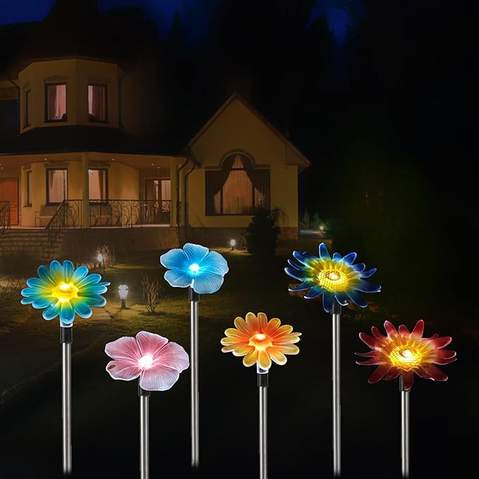 Solar Garden Outdoor Lights Decor,6 Pack Stake Yard Figurine Colorful Flower Light for Outside Pathway, Garden, Lawn, Patio, Driveway