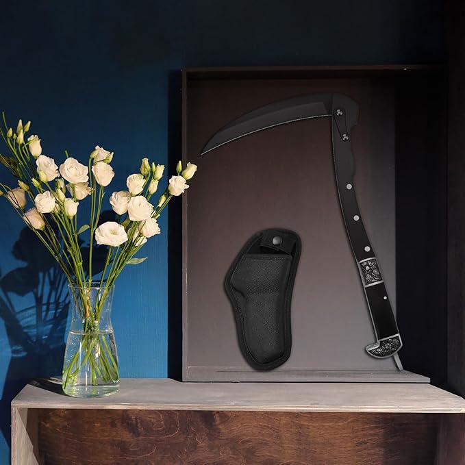 WILLBOND Black Sharp Folding Sickle Garden Tool Portable Safety Grass Hand Sickle Knife with Sheath Wooden Handle 2 Sections for Gardening Farming Lawn Grass Weeds Hand Tools