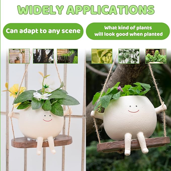 2 Pcs Swing Hanging Planters for Indoor Plants Swinging Plant Pot Face Hanging Flower Pots Resin Head Planter for Outdoor Succulents Gift Ideas for Mother