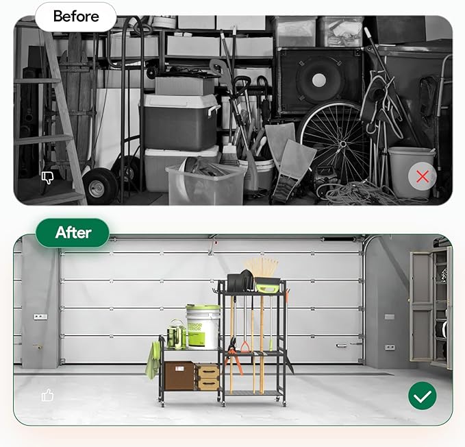 Garden Tool Organizer for Garage,Yard Tool Holder with Wheels,Multifunctional Tool Storage Rack with 5 Hooks,for Garden Shed Garage Yard Basement Lawn,Up to 35 Long-Handled Tools,Black