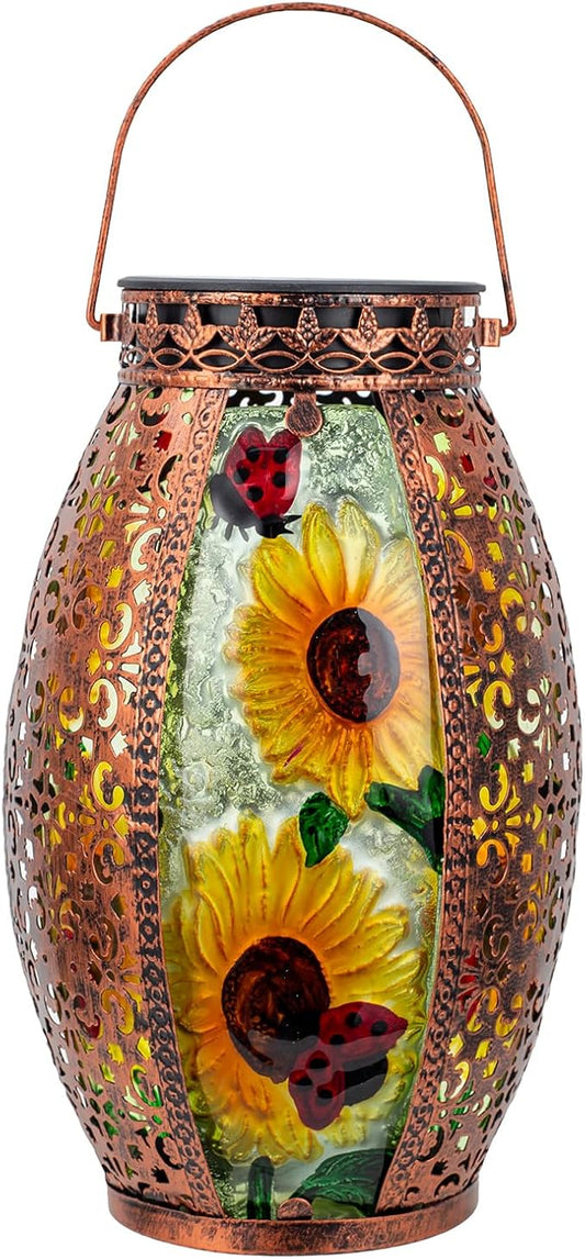 Sunflower Solar Lanterns Outdoor Waterproof,Hanging Solar Lantern with Ladybug,Outdoor Solar Lanterns with Hollowed-Out Design Metal &Glass Lantern,Solar Lights for Garden Patio Lawn Decor