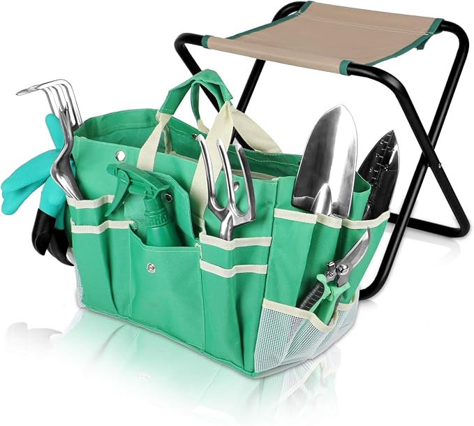 Kitness 9 PCS All-in-one Garden Tools Set Heavy Duty Cast-Aluminium Alloy Gardening Tools Kit with Folding Stool Seat&Detachable Canvas Tool Bag Great Gifts for Gardening