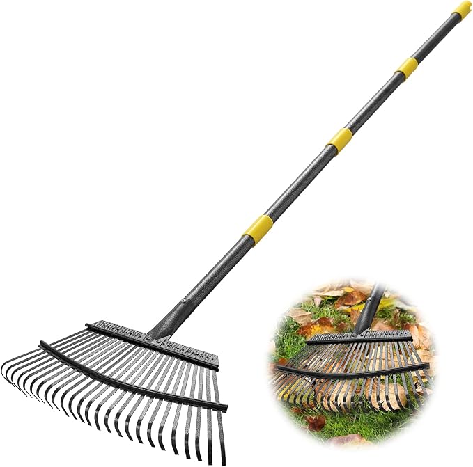 Rake - 65 Inch Long Garden Leaf Rake, 18 Inch Wide Heavy Duty Leaf Rake for Shrub with 25 Metal Tines,Yard Thatching Rake with Ergonomics Adjustable Handle for Picking Leaves,Grass Clippings Garbage