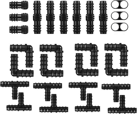 100Pcs Drip Irrigation Connectors Fittings Kit for 1/2 Inch Tubing, Including 30 Tees, 30 Couplings, 20 Elbows, 10 End Closures, 10 End Cap Plugs - Barbed Connectors Compatible Drip Sprinkler Systems