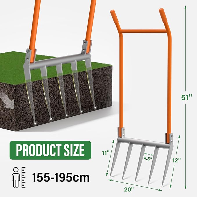VASALAID Broadfork 5-Tine Broadforks for Gardening Ergonomic U-Shaped Design Heavy Duty Garden Fork for Gardening Cultivating Farm Garden Digging Crushing Aerate Soil