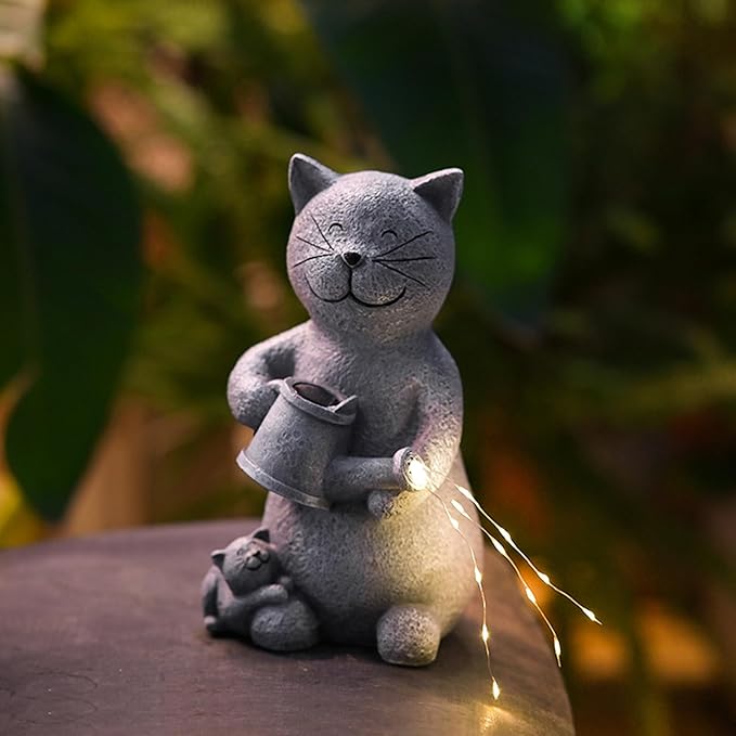 Solar Cat Outdoor Statues Garden Decor with LED Lights Lovely Cat Statues for Patio Balcony Yard Lawn Ornament, Birthday Mother Day Gardening Gifts for Mom Grandma Women