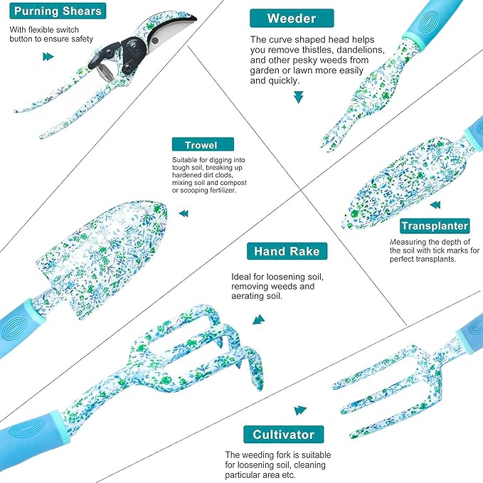 Garden Tool Set 9 Piece Aluminum Alloy Gardening Hand Tools Kit Gift for Women & Parent Gardening Supplies with Gloves,Tote,Kneeling Pad,Hand Pruner,Trowel,Hand Rake,Weeder,Fork,Transplanter