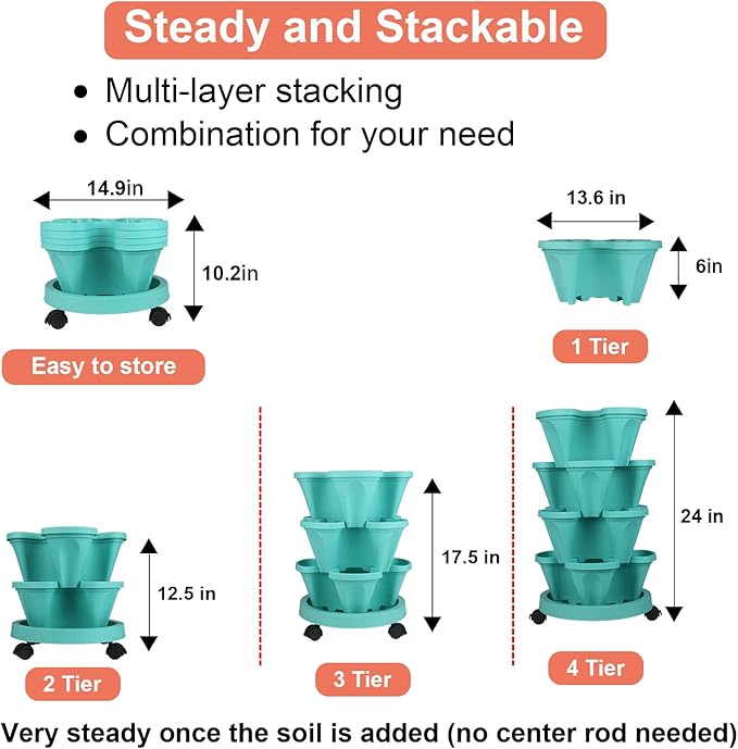 Vertical Planter 4 Tier Stackable Planters Garden Planters Strawberry Herb Flower and Vegetable Planter Indoor Outdoor Gardening Pots with Removable Wheels and Tools