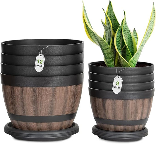 8 Pack Plant Pots with Drainage Holes, Include 4 Each of 12/9 inches Flower Pots with Saucers, Plastic Imitation Wine Barrel Design for Indoor Outdoor Garden Home Plants