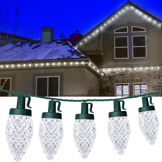 C9 LED Christmas Lights, 34FT 50 Bulbs Outdoor Christmas Decorations for House Waterproof String Lights Extendable Green Wire Fairy Lights for Patio Xmas Garden Party Wedding Holiday Indoor Pure White