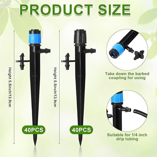 80 Pcs Drip Irrigation Emitters with Adjustable 360 Degree Water Flow Drippers for 1/4 Drip Tubing Sprayer on 5.5 Arrow Stake for Garden Irrigation System(Blue, Black,Double Barbed)