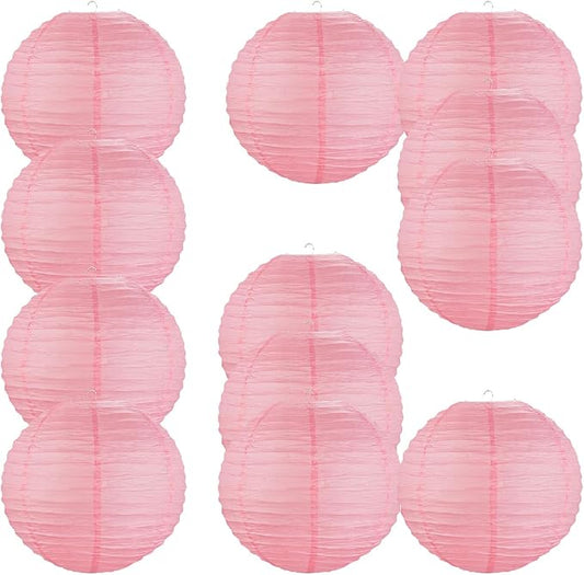 Chinese Style Paper Lanterns, Set of 12, Suitable for Party Decoration (Pink, 14in)