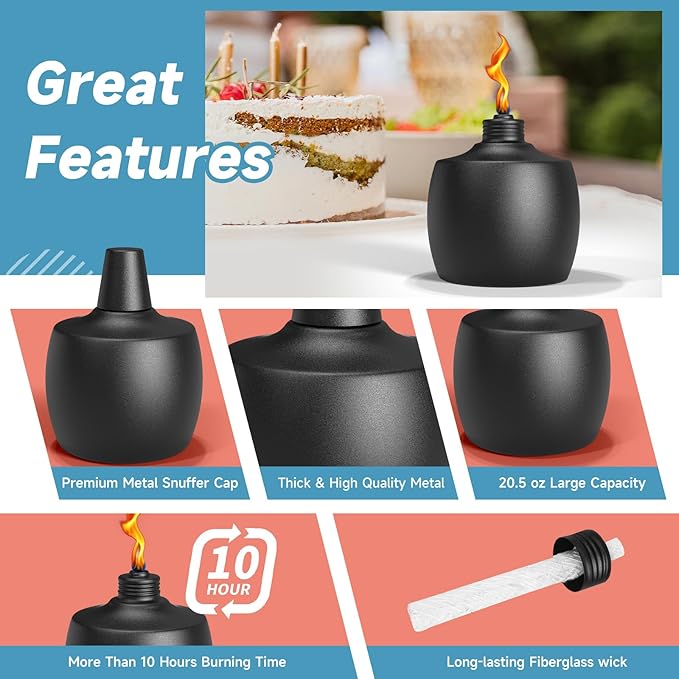 4-Pack Citronella Tabletop Torches, 21.5 oz Table Top Torches for Outdoor, Metal Oil Burner Candles, Garden Torches with Fiberglass Wick for Yard, Patio, Deck, Garden, Party, Landscape