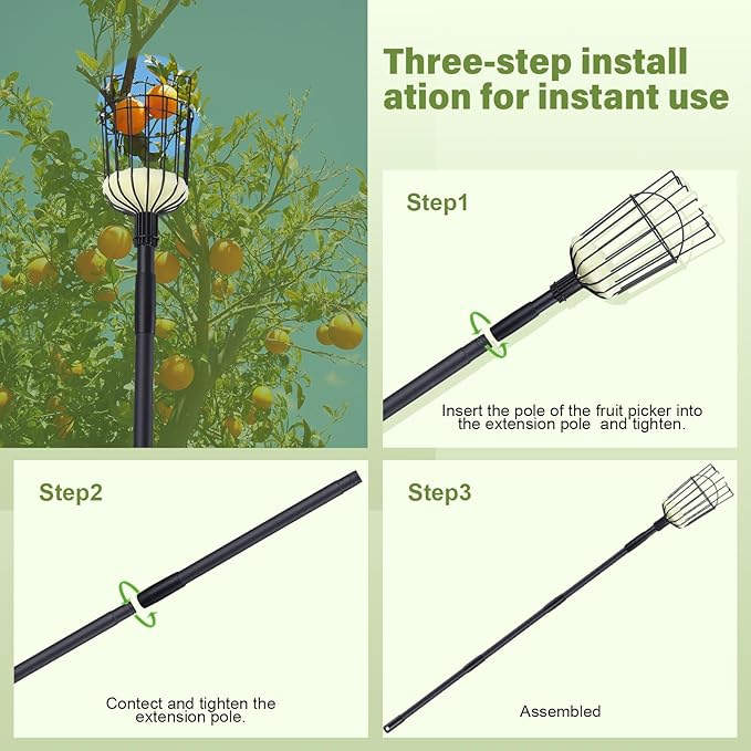 Fruit Picker Pole with Basket - 8.43FT(101Inch) Adjustable Tree Gardening Supplies with Stainless Steel Handle Apple Picker Fruit Grabber Reach Tool for Mango Pear Orange Avocados Fruit Picking, Black