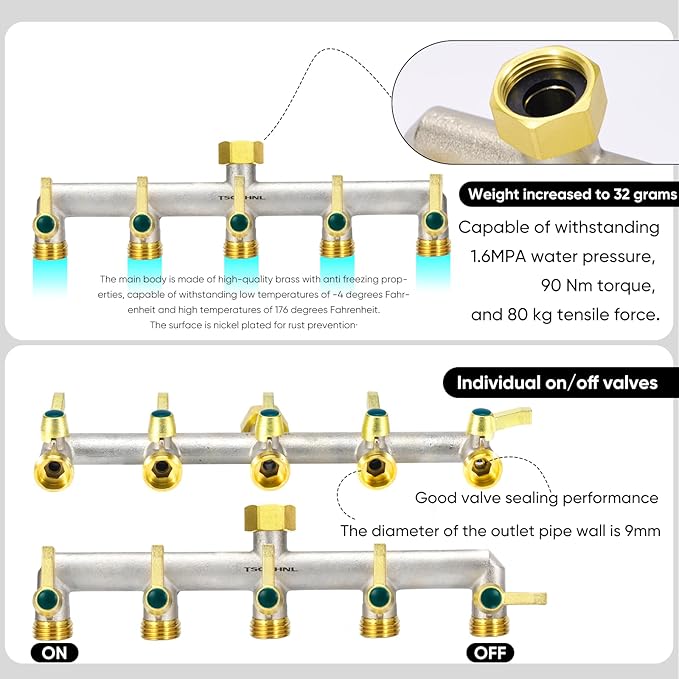 Brass Garden Hose Splitter, Outdoor Frostproof Faucet Splitter, 5-Way, Heavy Duty, Nickel Plated, Rustproof Faucet Splitter