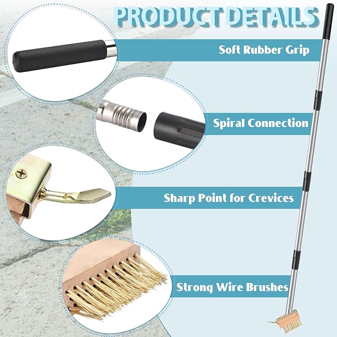 GADFlSH Manual Crevice Weeding Tool, Crack Weeder with 2 Weed Brush Heads, Crevice Weeding Hook with Adjustable Steel Handle for Patios, Decks & Garden Paths