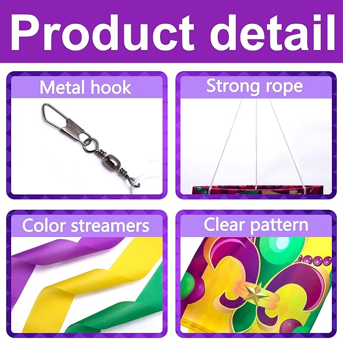 EBaokuup 4 Pcs Mardi Gras Wind Sock,41.3 Inch Mardi Gras Spinners Windsock,Purple Yellow Green Decor Windsock for Home Yard Party Mardi Gras Outdoor Decoration